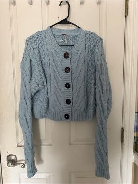 Free People Light Blue Cable Knit Button-Front Cardigan